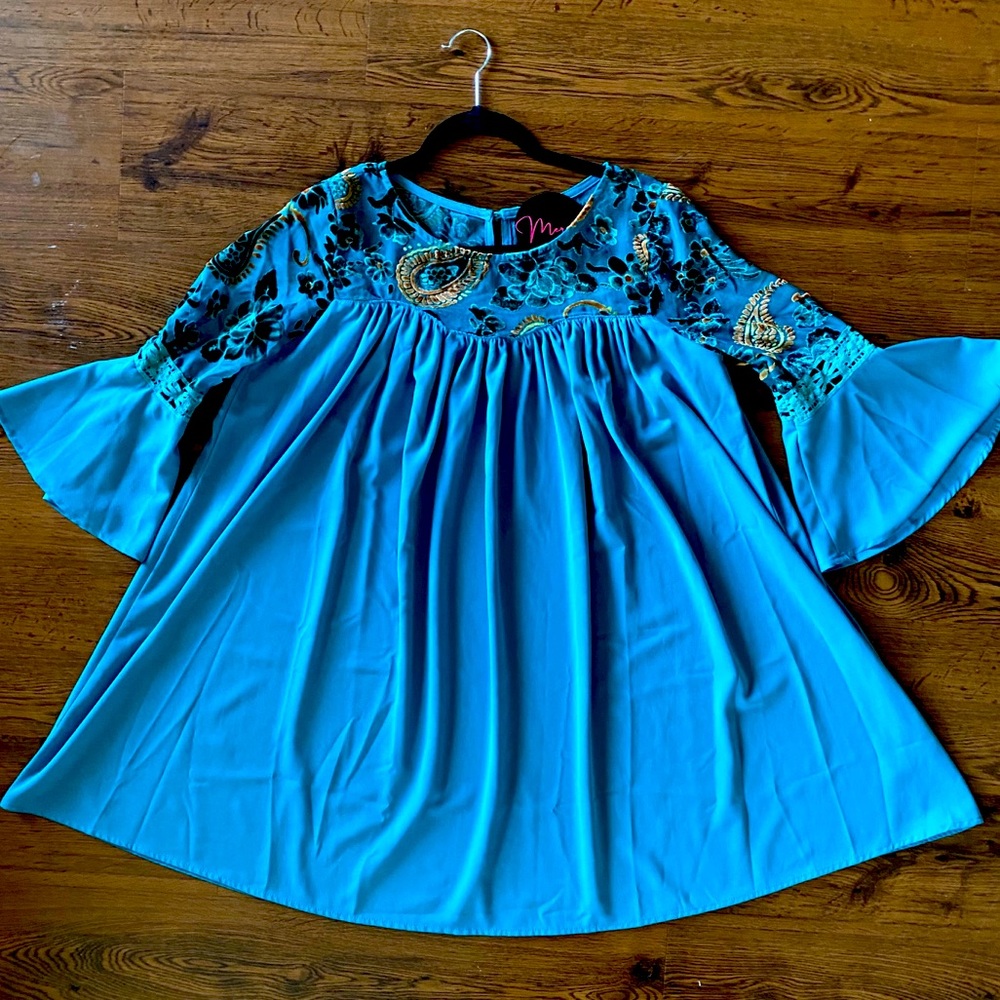 Flare sleeve blue/green swing dress